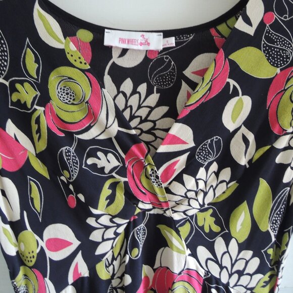 Pink Wheels Black & Pink Floral Abagail Retro 30s 40s Dress S - Picture 5 of 12